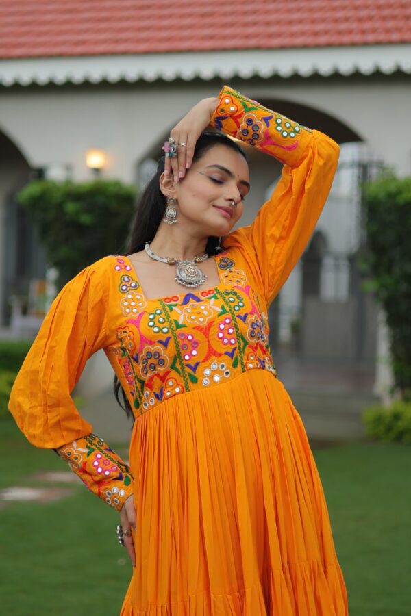 Kutchi Embroidered Rayon Flare Gown – Yellow
