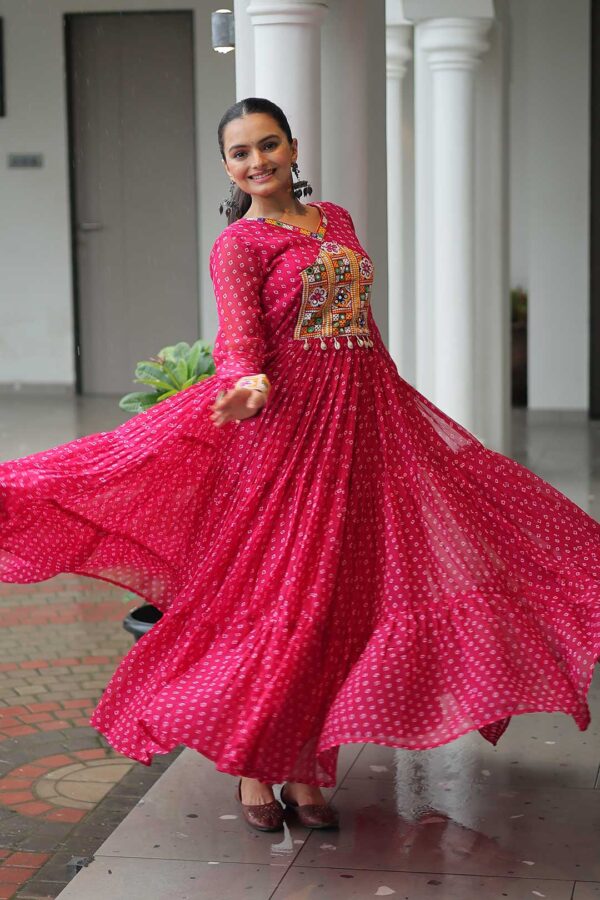 Pink Bandhani Gown with Kutchi Patchwork – Radiate Elegance in Every Twirl