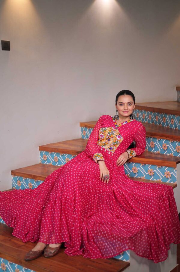Pink Bandhani Gown with Kutchi Patchwork – Radiate Elegance in Every Twirl