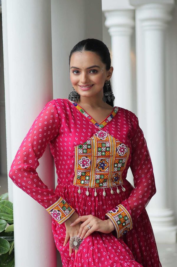 Pink Bandhani Gown with Kutchi Patchwork – Radiate Elegance in Every Twirl