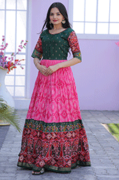 Pink Vibrant Dola Silk Gown with Patola Designer Foil Print Work