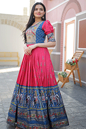 Pink Stunning Patola Designer Foil Print Dola Silk Gown