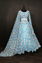 Sky Blue Faux Georgette Floral Gown Set with Dupatta & Belt