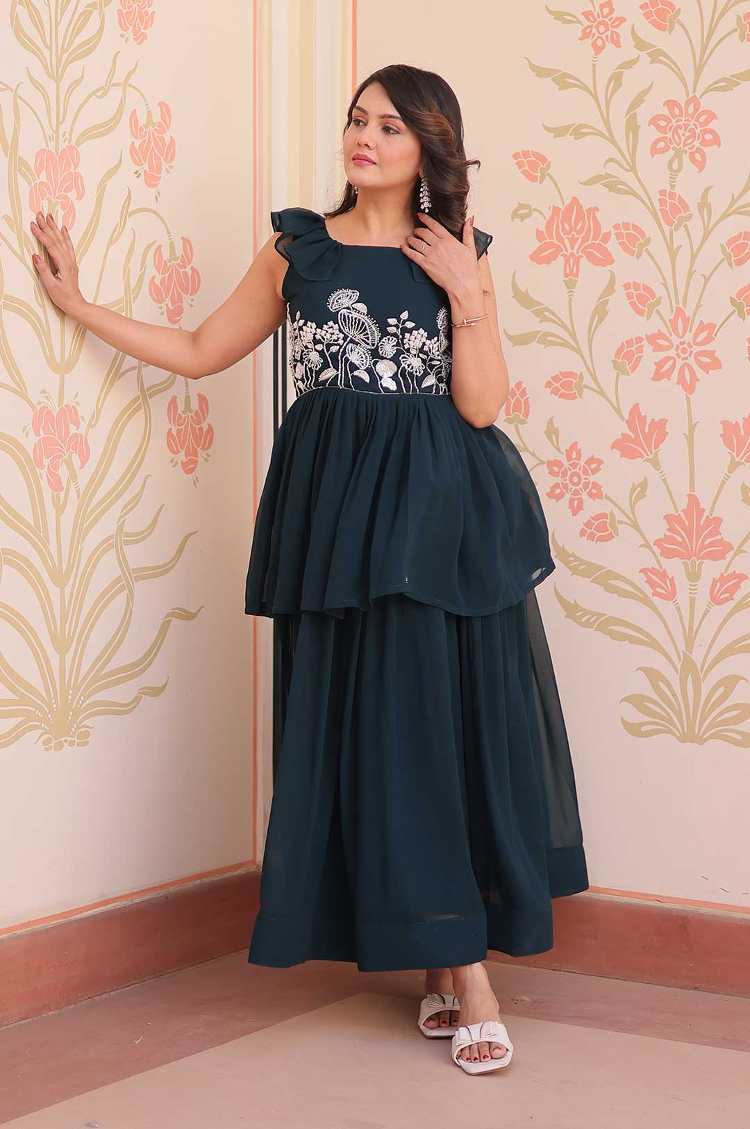 Rama Green Elegant Faux Blooming Gown with Exquisite Beads Embroidery
