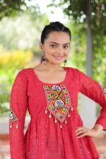 red-Georgette-Schiffli-Peplum-Top-with-Kutchi-Gamthi-Patch-Work
