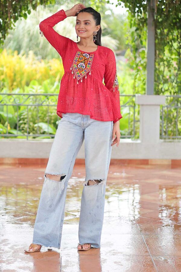Red Georgette Schiffli Peplum Top with Kutchi Gamthi Patch Work