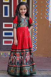 Red Patola Designer Dola Silk Kids Gown / Frock