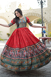 Red Stunning Patola Designer Foil Print Dola Silk Gown