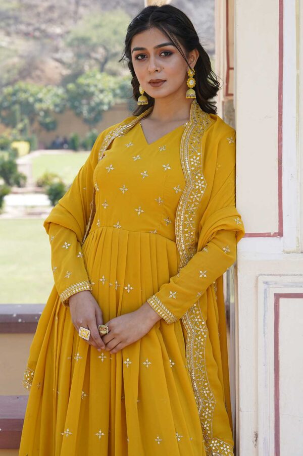 Yellow Georgette Gown with Gold Embroidery & Sequence Work and Dupatta
