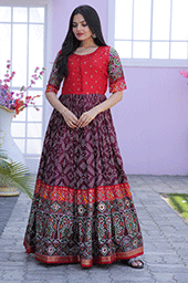 Wine Vibrant Dola Silk Gown with Patola Designer Foil Print Work