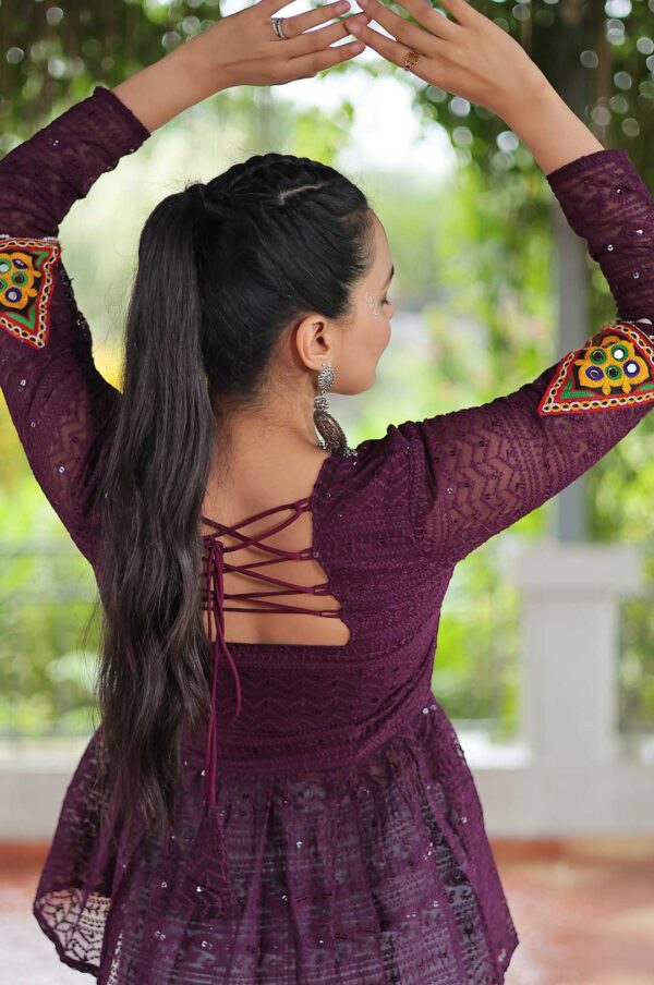 Wine Georgette Schiffli Peplum Top with Kutchi Gamthi Patch Work