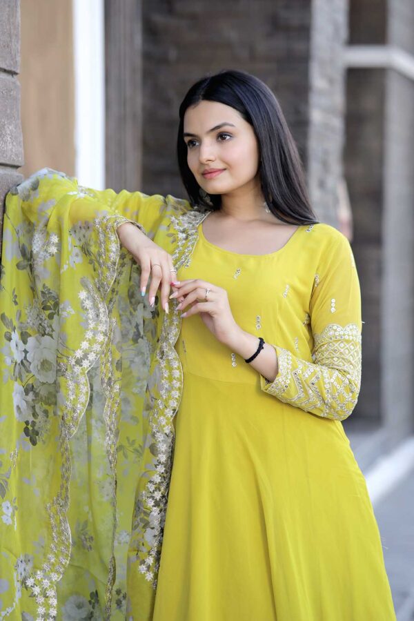Yellow Faux Blooming Gown with Floral Organza Dupatta