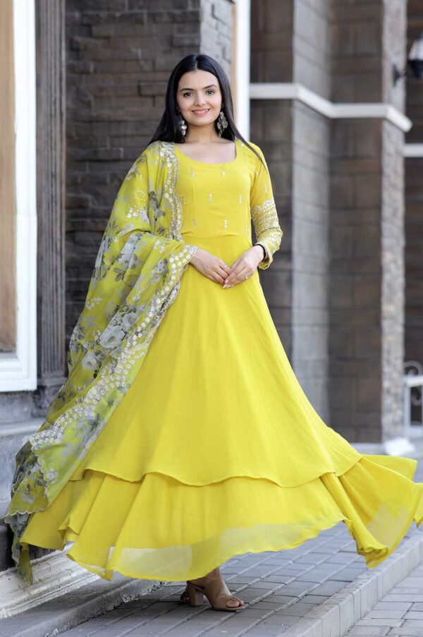 Yellow Faux Blooming Gown with Floral Organza Dupatta