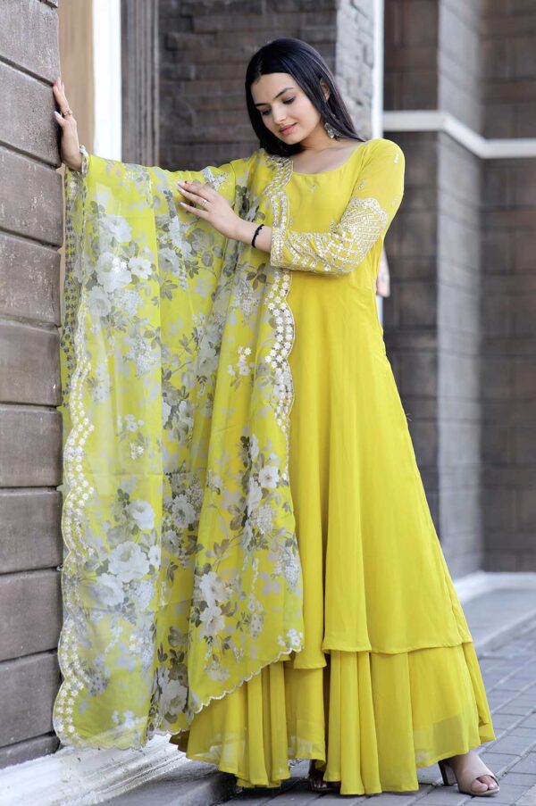 Yellow Faux Blooming Gown with Floral Organza Dupatta