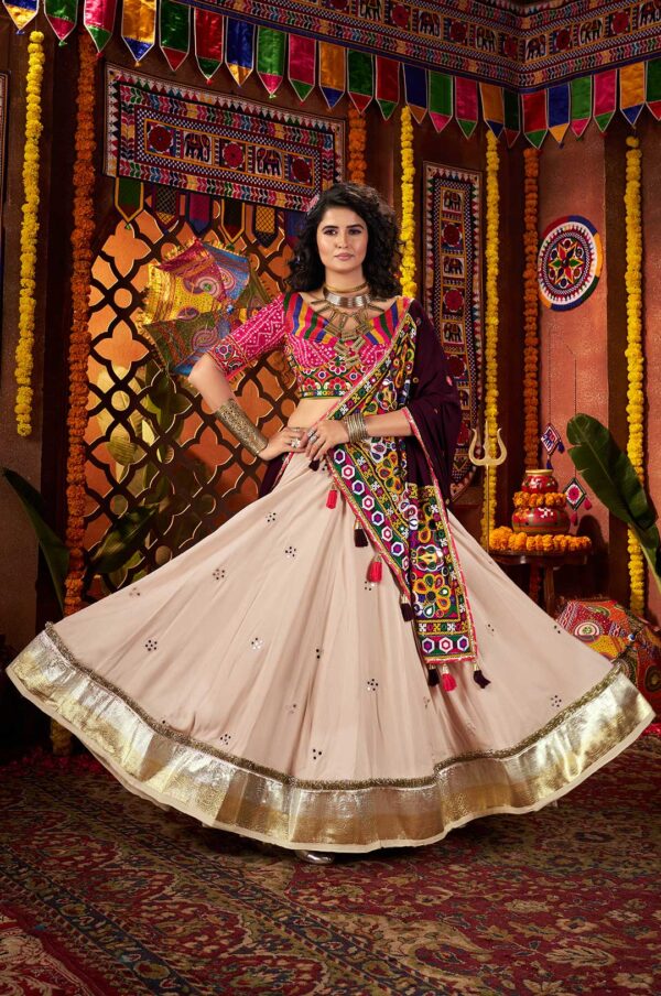 Beige Rani Pink Purple Viscose Cotton Kutchi Mirror Work Navratri Lehenga Choli