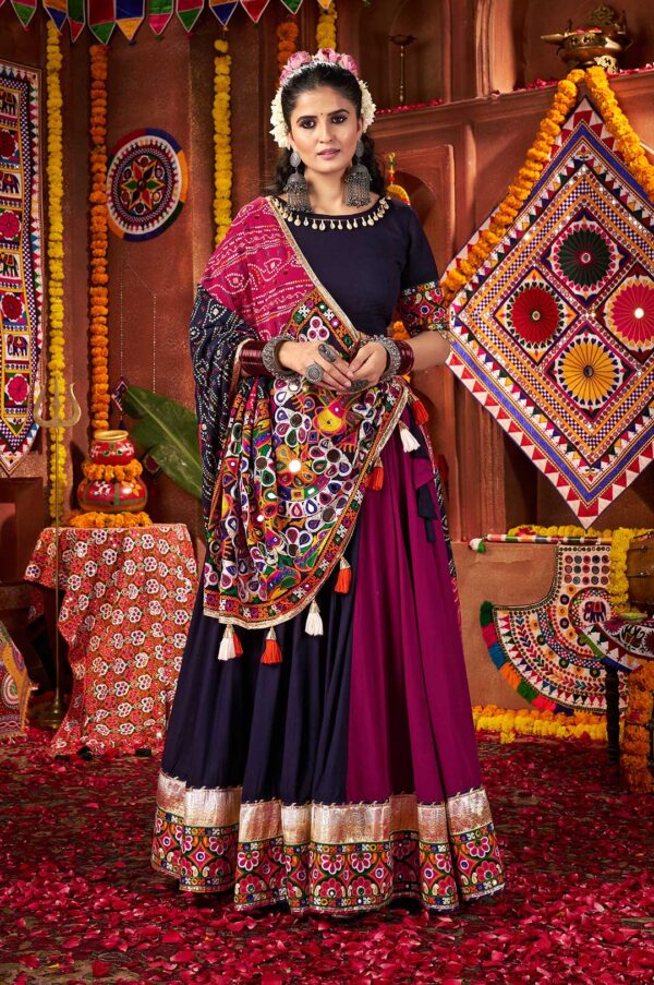Navy & Multi-Color Viscose Cotton Kutchi Mirror Work Lehenga Choli