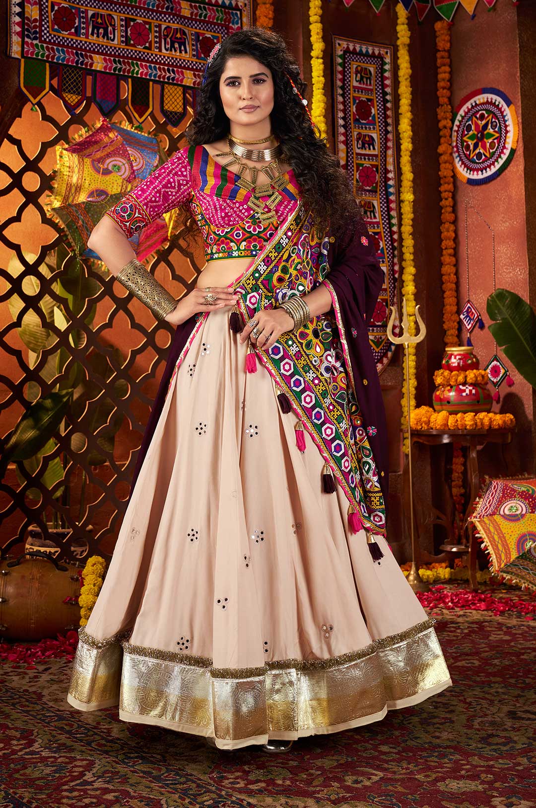 Beige Rani Pink Purple Viscose Cotton Kutchi Mirror Work Navratri Lehenga Choli