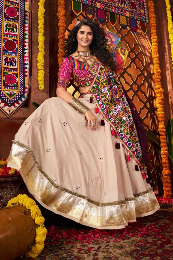 Beige Rani Pink Purple Viscose Cotton Kutchi Mirror Work Navratri Lehenga Choli