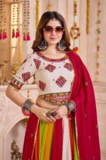 Beige-&amp;-Red-Viscose-Cotton-Lehenga-Choli-with-Multi-Color-Mirror-Embroidery-&amp;-Dupatta-2