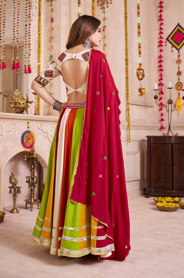 Beige & Red Viscose Cotton Lehenga Choli with Multi-Color Mirror Embroidery & Dupatta