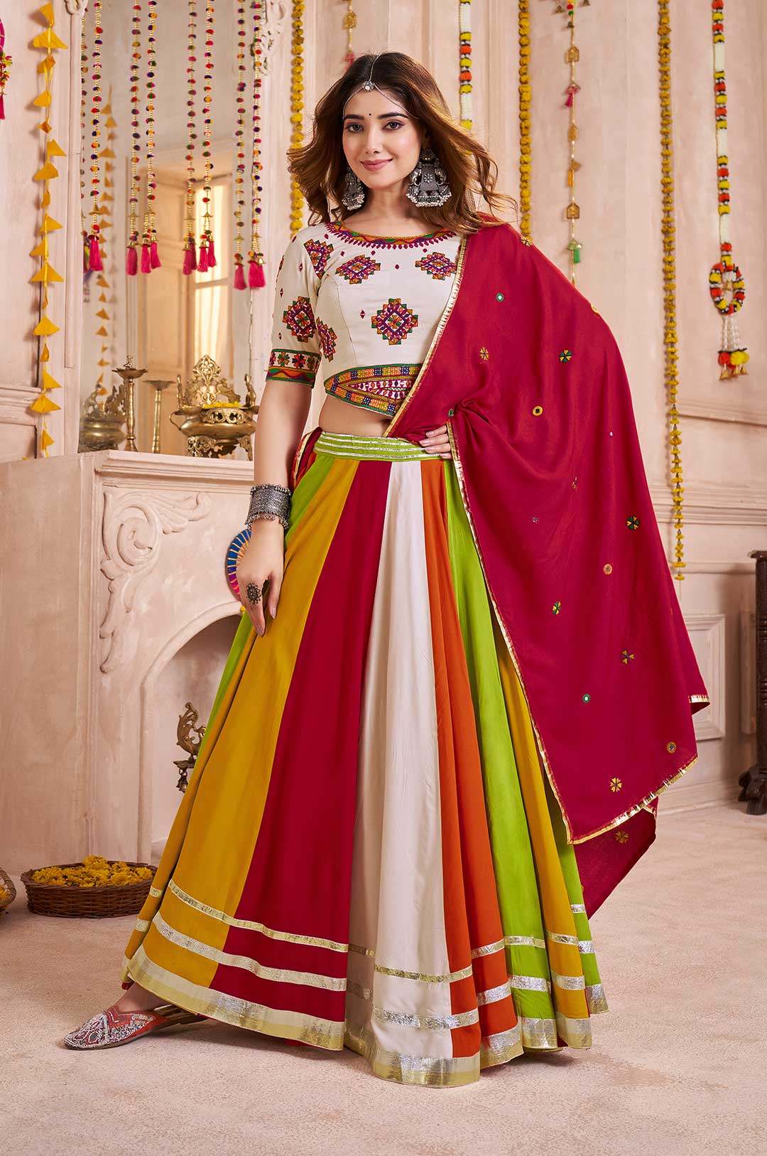 Beige & Red Viscose Cotton Lehenga Choli with Multi-Color Mirror Embroidery & Dupatta