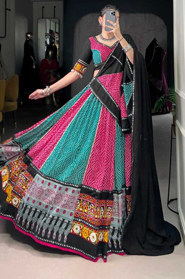 Black & Multi-Colored Bandhani Print Lehenga Choli With Mirror Work Border