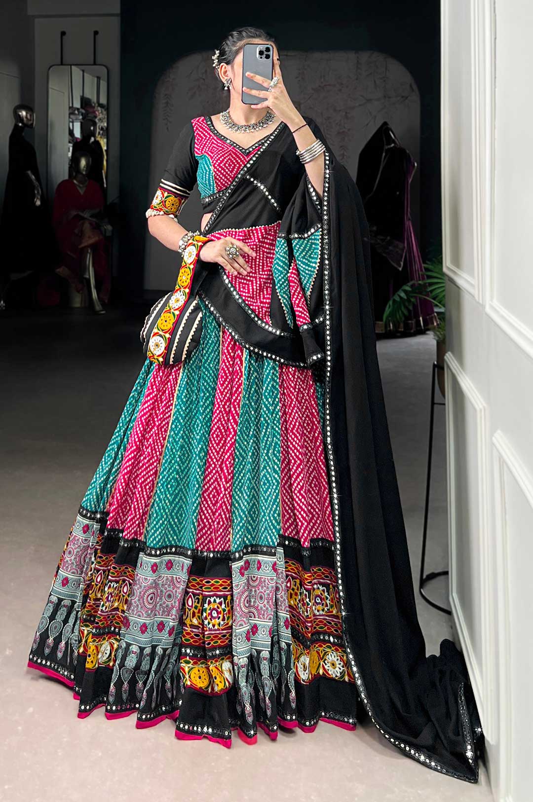 Black & Multi-Colored Bandhani Print Lehenga Choli With Mirror Work Border