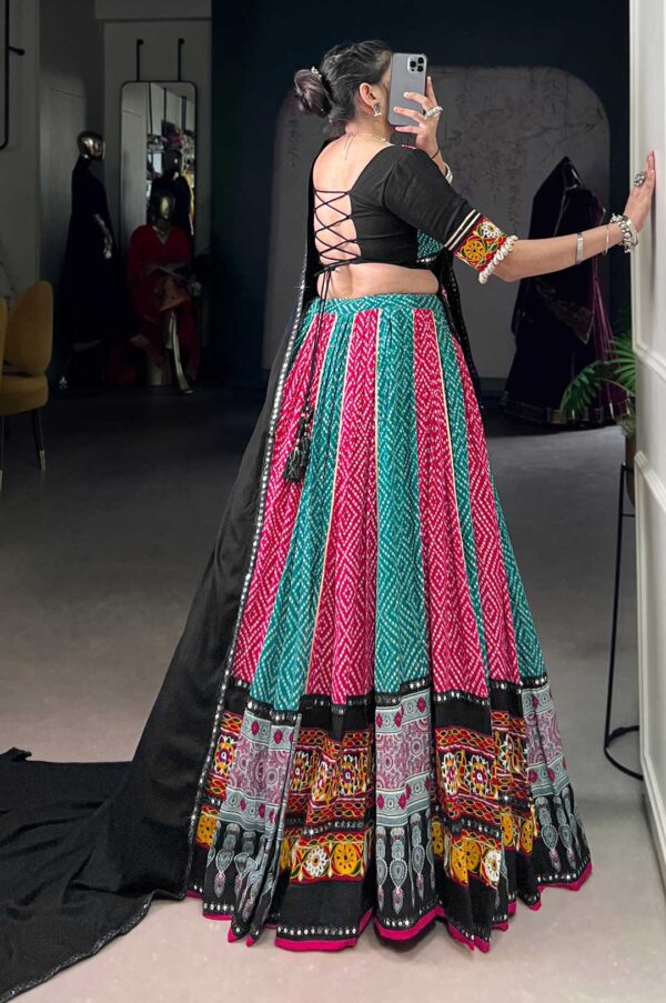 Black & Multi-Colored Bandhani Print Lehenga Choli With Mirror Work Border
