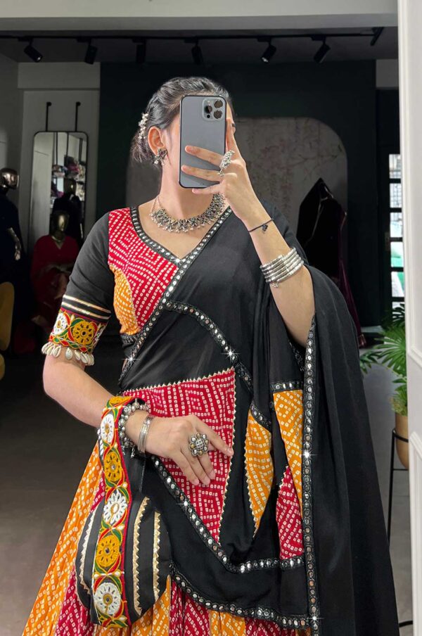 Black & Multi-Colored Lehenga Choli With Bandhani Print With Detailed Border