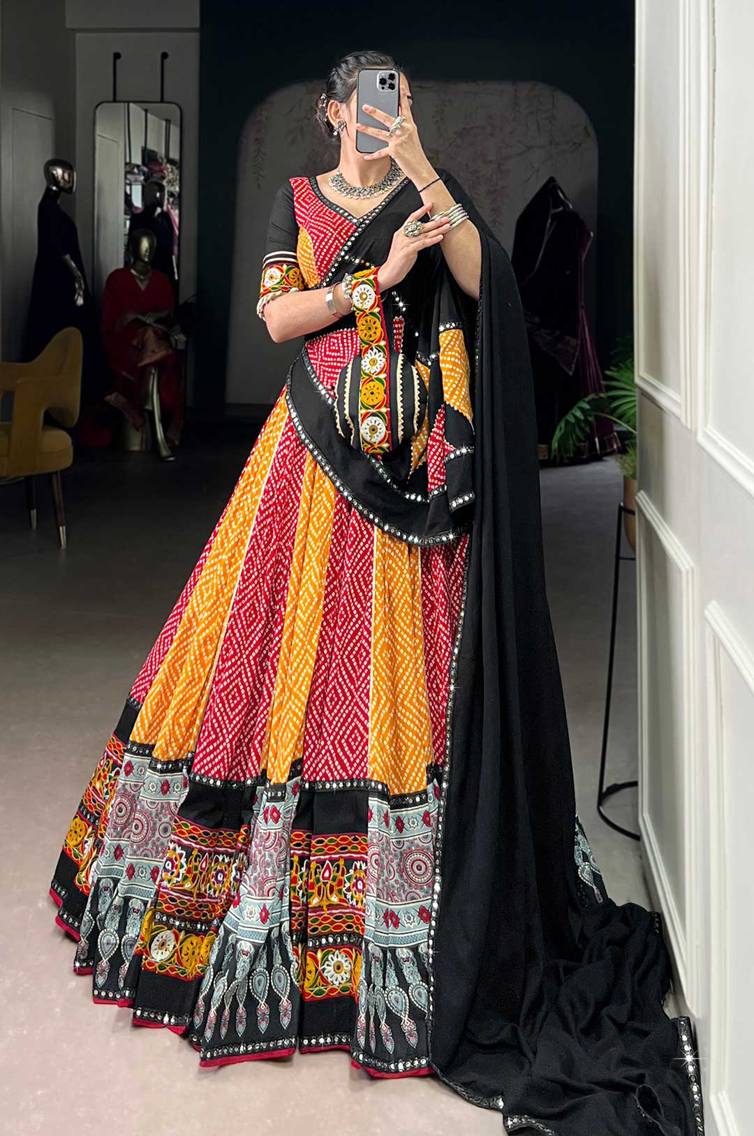 Black & Multi-Colored Lehenga Choli With Bandhani Print With Detailed Border