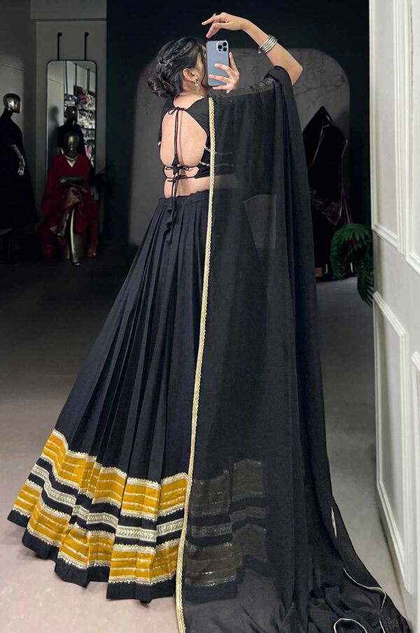 Black & Mustard Yellow Pure Rayon Sequins Lace Lehenga with Original Mirror Work Blouse & Marble Dupatta