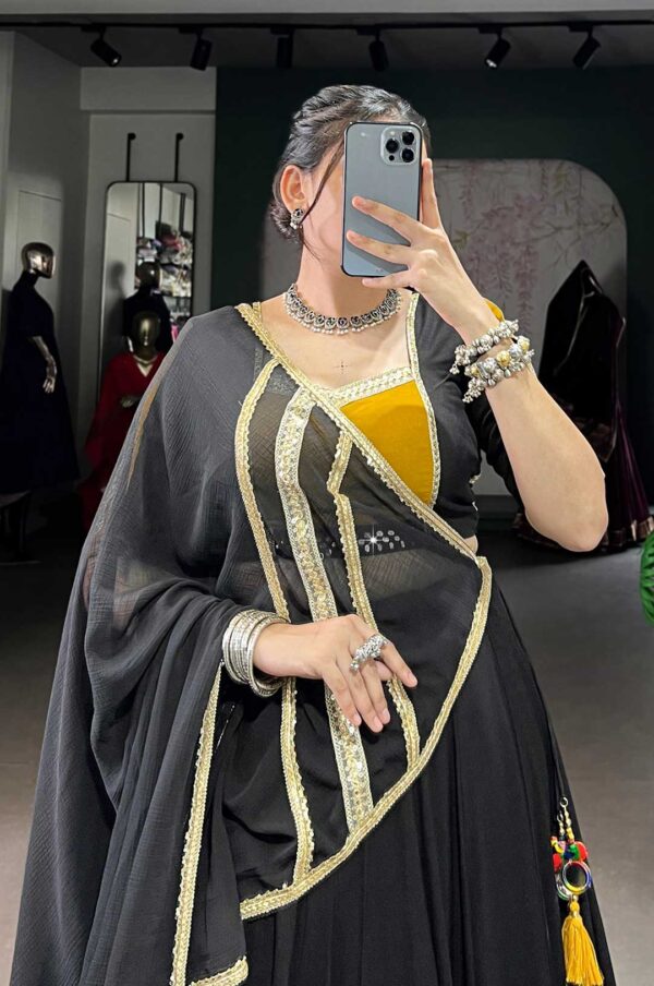 Black & Mustard Yellow Pure Rayon Sequins Lace Lehenga with Original Mirror Work Blouse & Marble Dupatta