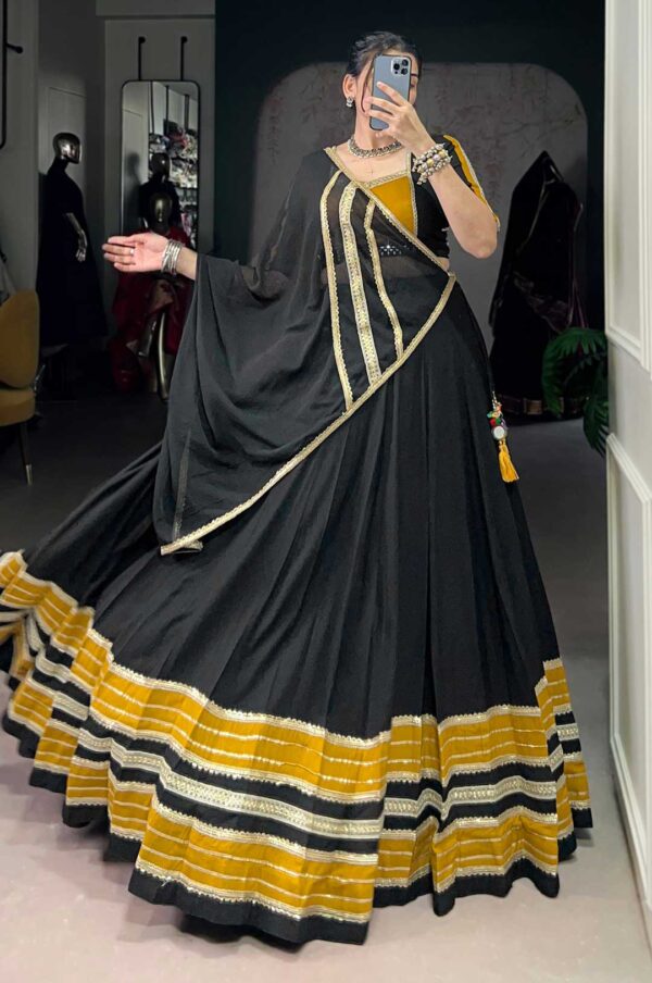 Black & Mustard Yellow Pure Rayon Sequins Lace Lehenga with Original Mirror Work Blouse & Marble Dupatta