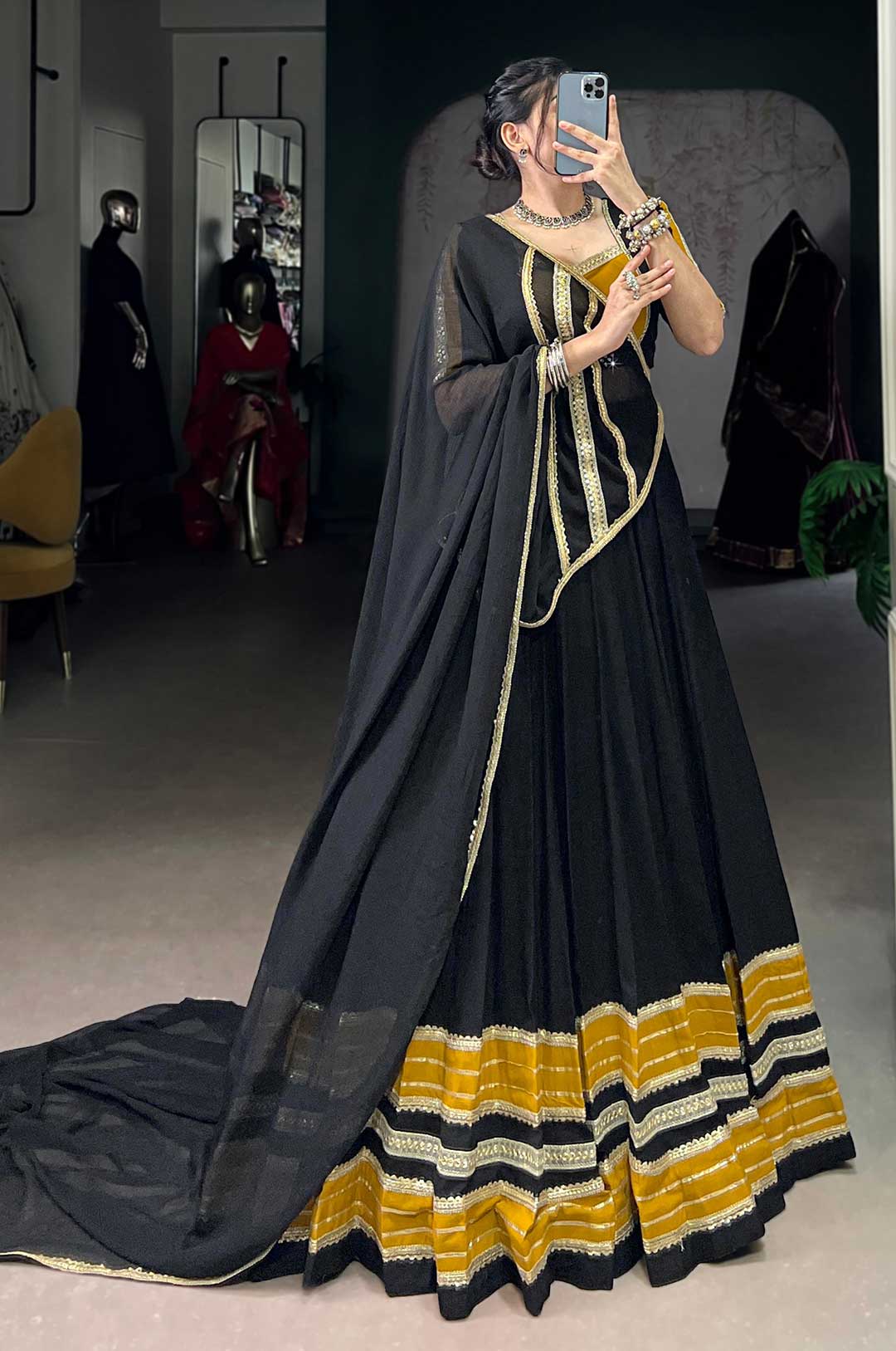 Black & Mustard Yellow Pure Rayon Sequins Lace Lehenga with Original Mirror Work Blouse & Marble Dupatta