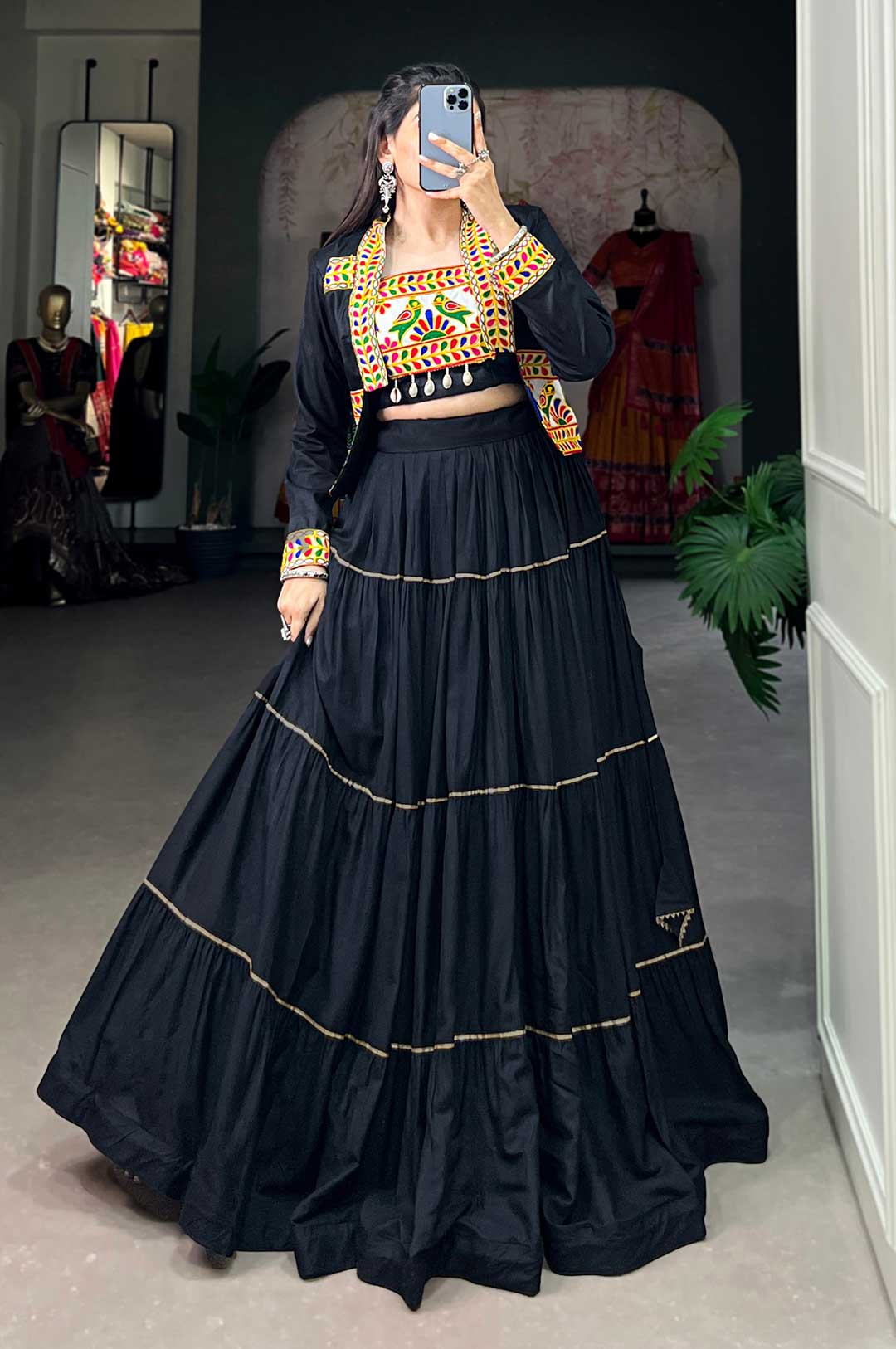 Black Pure Rayon Navratri Lehenga with Gamthi Embroidered Blouse & Koti
