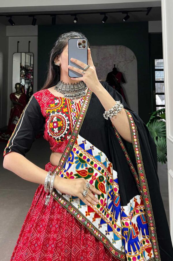 Black & Red Bandhani Print Lehenga Choli With Kutch Work Border