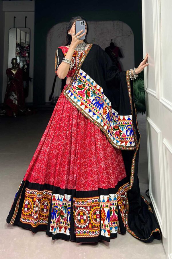 Black & Red Bandhani Print Lehenga Choli With Kutch Work Border