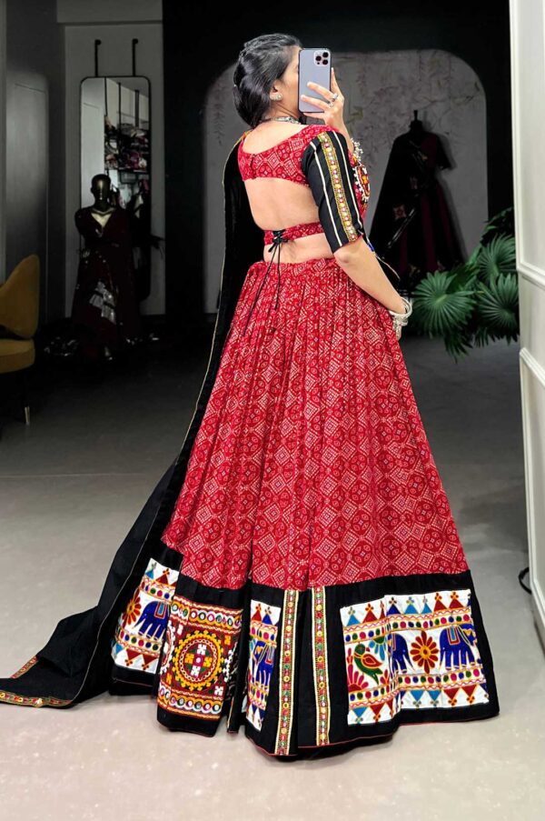Black & Red Bandhani Print Lehenga Choli With Kutch Work Border