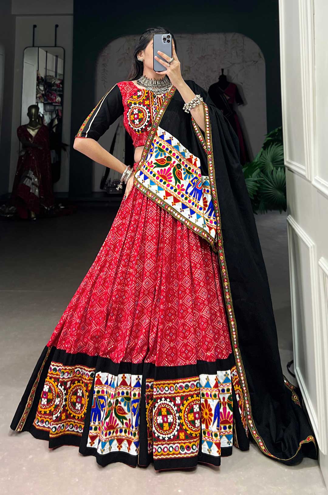 Black & Red Bandhani Print Lehenga Choli With Kutch Work Border