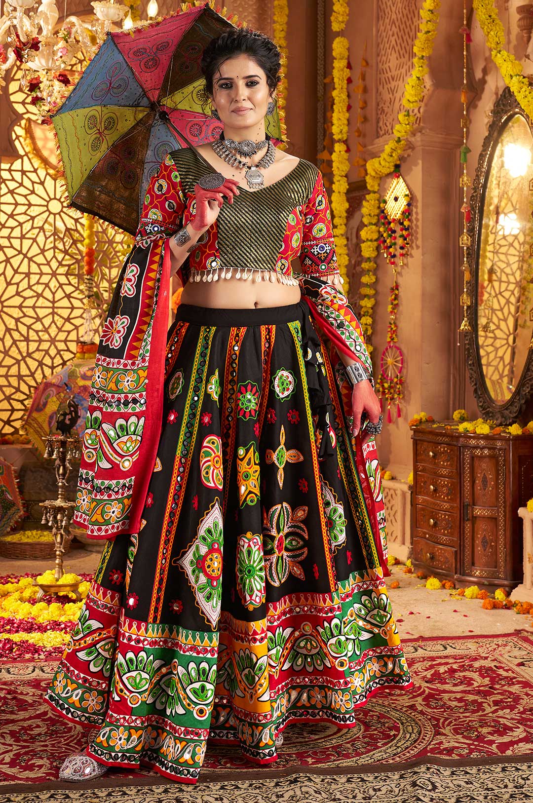 Black & Red Organic Cotton Navratri Lehenga Choli with Aari & Foil Work
