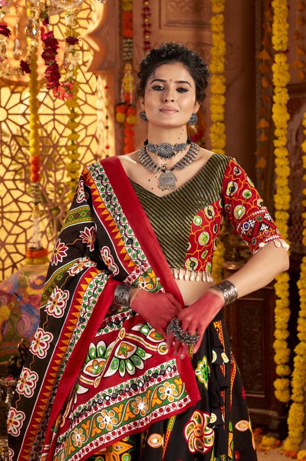 Black & Red Organic Cotton Navratri Lehenga Choli with Aari & Foil Work