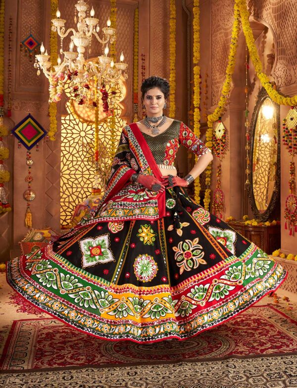 Black & Red Organic Cotton Navratri Lehenga Choli with Aari & Foil Work