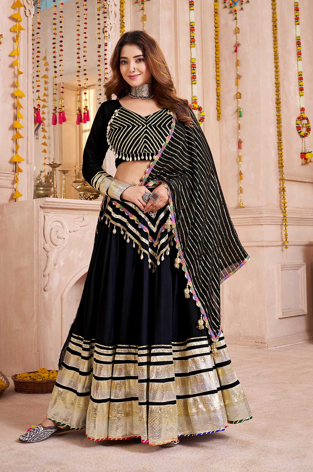 Black Viscose Cotton & Chanderi Jacquard Lehenga Choli with Gamthi Lace, Lampi Border & Hand Ribbon Dupatta