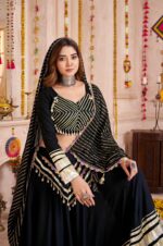 Black-Viscose-Cotton-&amp;-Chanderi-Jacquard-Lehenga-Choli-with-Gamthi-Lace,-Lampi-Border-&amp;-Hand-Ribbon-Dupatta2