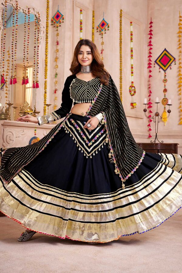Black Viscose Cotton & Chanderi Jacquard Lehenga Choli with Gamthi Lace, Lampi Border & Hand Ribbon Dupatta