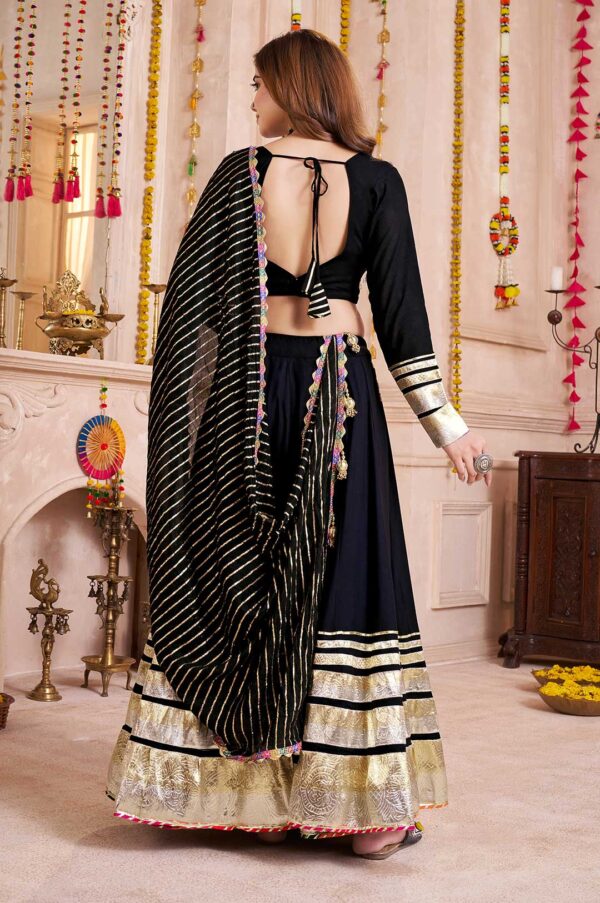 Black Viscose Cotton & Chanderi Jacquard Lehenga Choli with Gamthi Lace, Lampi Border & Hand Ribbon Dupatta