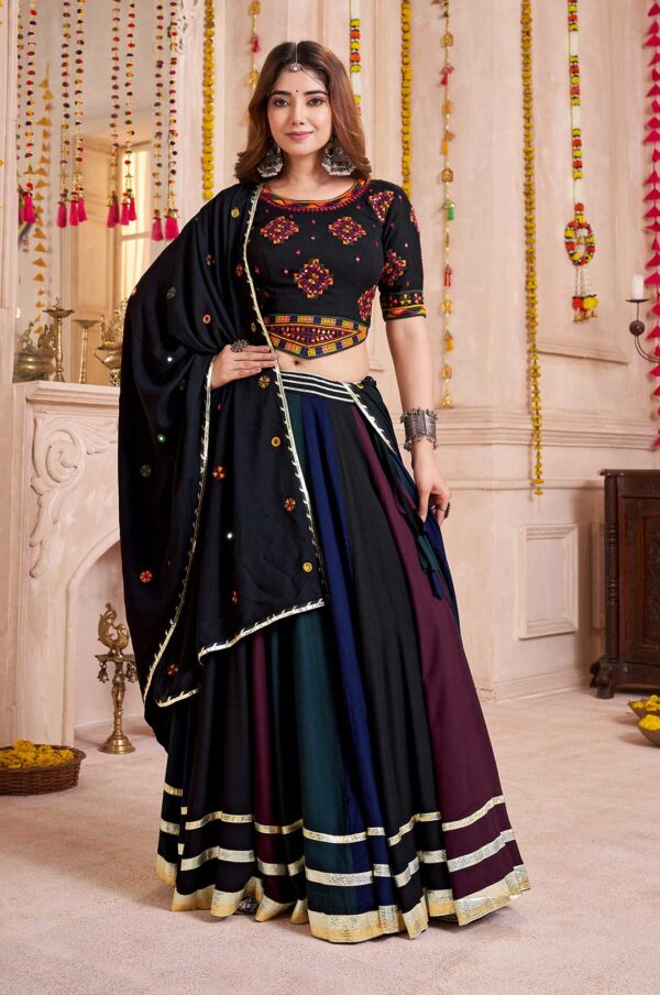 Black Viscose Cotton Lehenga Choli with Multi-Color Mirror Work & Embroidered Dupatta