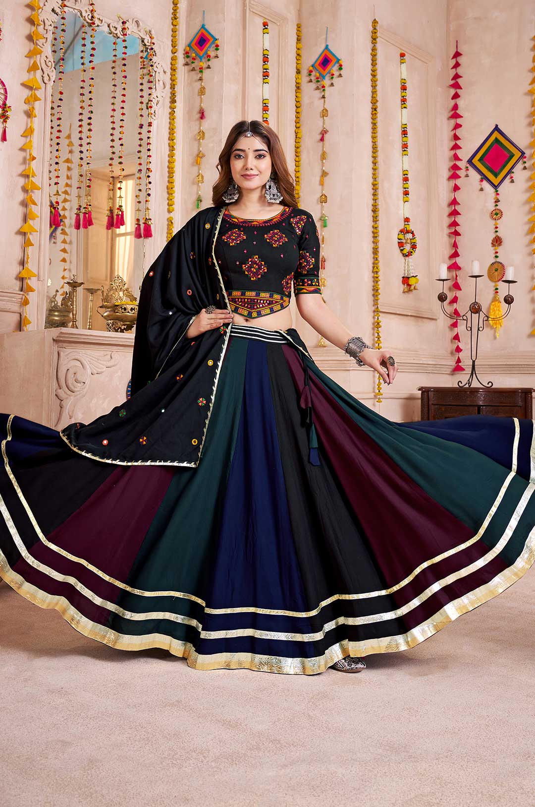 Black Viscose Cotton Lehenga Choli with Multi-Color Mirror Work & Embroidered Dupatta