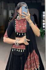 Black-and-Maroon-Pure-Cotton-Printed-Lehenga-Set-with-Mirror-Work,-Gota-Patti-&amp;-Cowrie-Lace-3