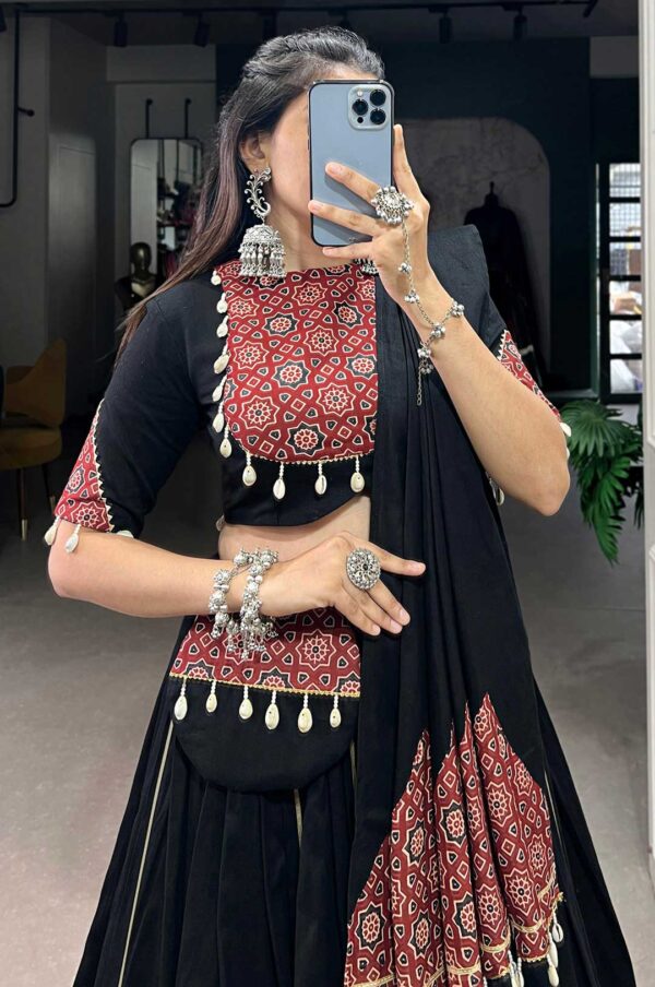Black and Maroon Pure Cotton Printed Lehenga Set with Mirror Work, Gota Patti & Cowrie Lace – With Matching Purse